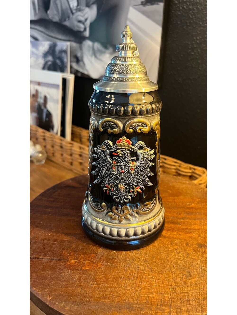 Zoller Born Vintage German Hand Painted Beer Stein w/ Pewter Lid and Eagle Crest